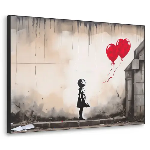 Kunst - Meisje - Ballonnen - Hart - Grijs Textielframe zwart klein -3d