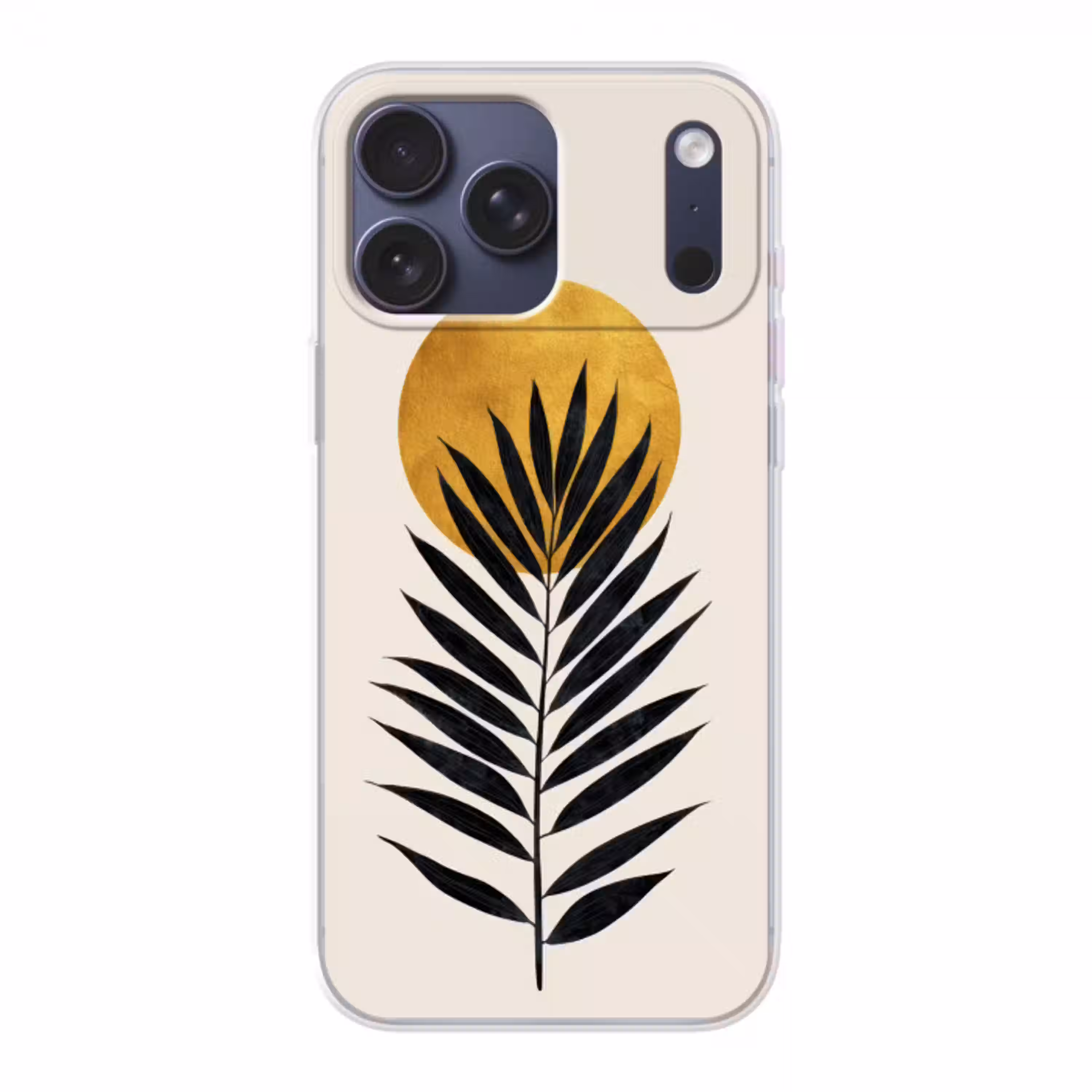 Zwart palmblad - Gouden cirkel - Beige achtergrond Telefoonhoesje iPhone 17 Pro Max klein -3d
