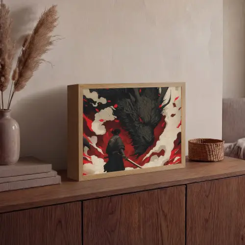 Krijger - Draak - Zwart - Rood - Rook Light Box met batterij (Wandlamp) middel -sfeer2