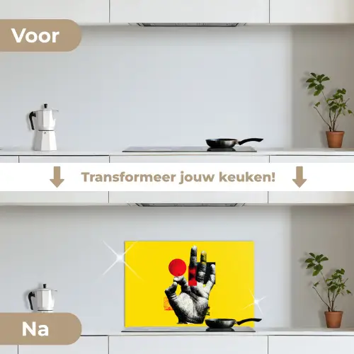Hand - Rode cirkel - Geel keuken achterwand spatscherm klein -voor_na_NL