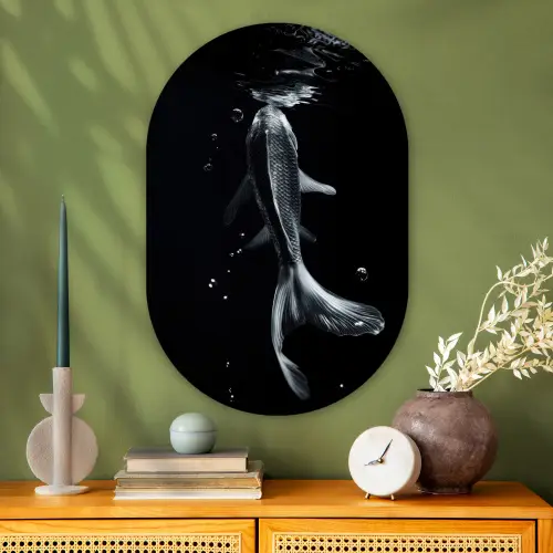 Koi - Vissen - Water - Zwart Wandcirkel Ovaal Glas middel -sfeer2