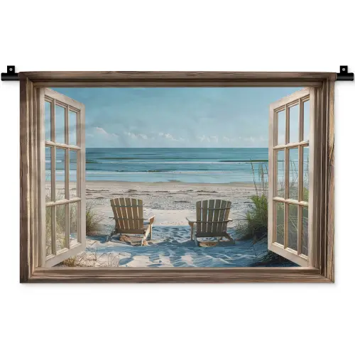 Doorkijk - Strandstoelen - Duinen - Zee - Natuur Wandkleed katoen klein -zz3d
