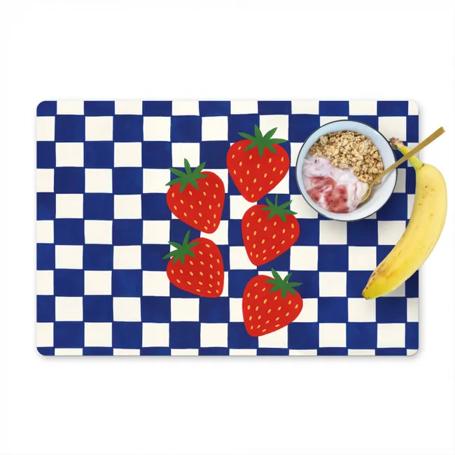 Geblokt - Blauw - Aardbeien Placemat vinyl groot -zzzproduct_Kitchenyeah-website