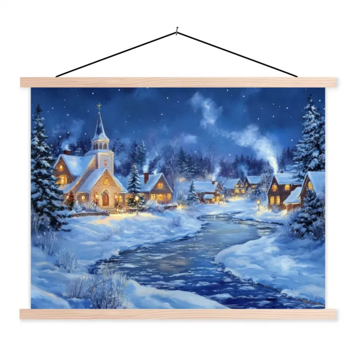 Winteravond - Kerstdorp - Donker textielposter latten blank klein -3d