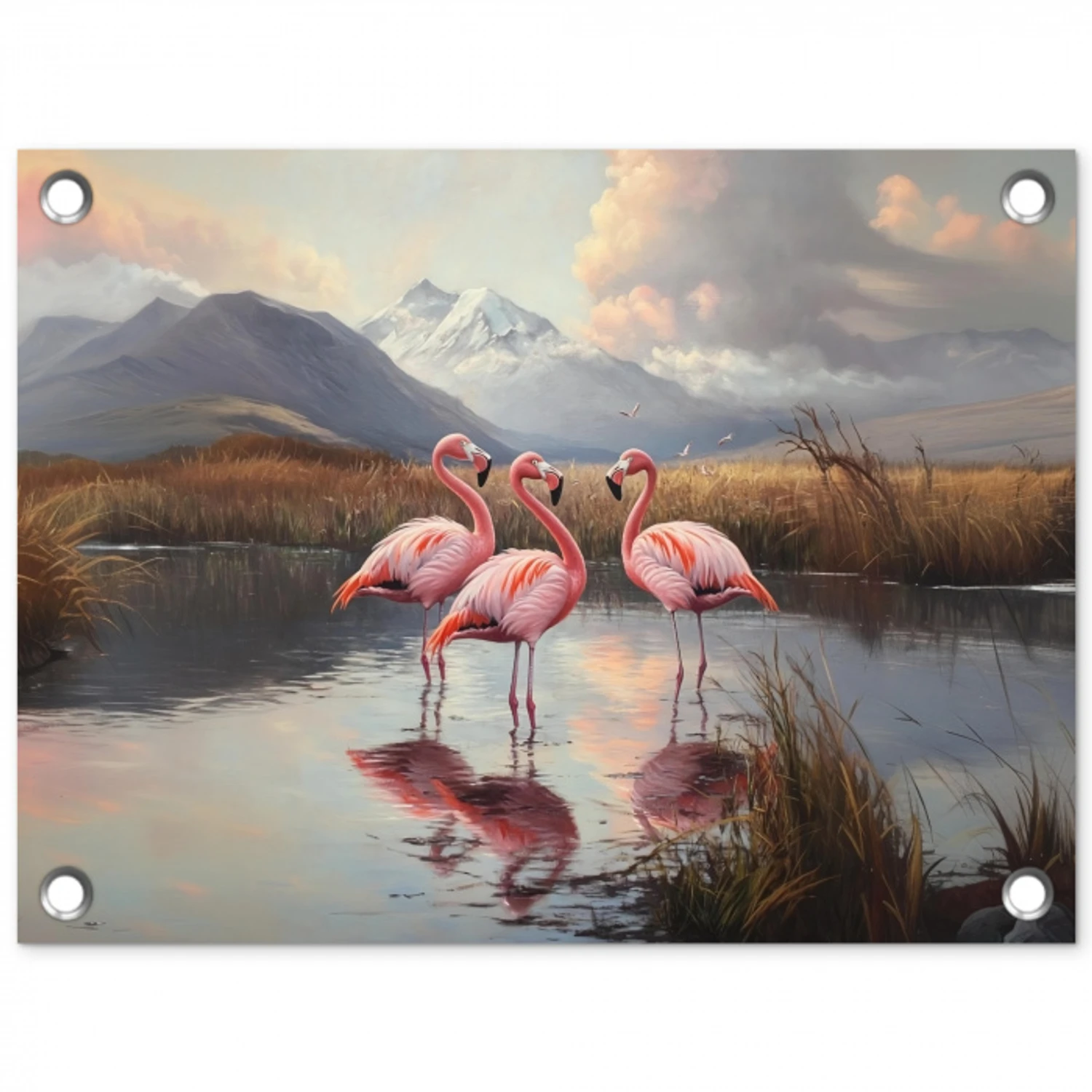 Flamingo - Roze - Meer - Bergen tuinposter los doek klein -3d