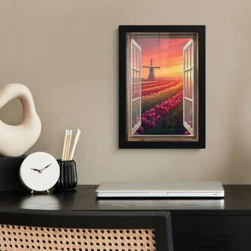 Doorkijk - Tulpen - Zonsondergang - Bloemen - Kleurrijk fotolijst zwart zonder passe partout klein -sfeer1