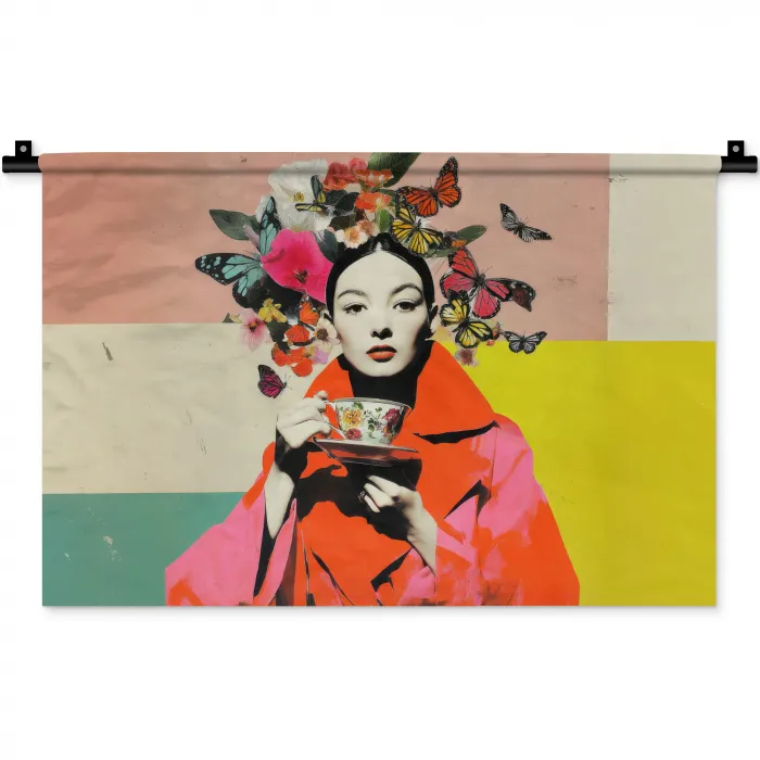 Retro - Vrouw - Kopje - Vlinders Wandkleed katoen klein -zz3d
