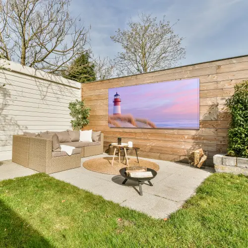 Vuurtoren - Duinen - Zonsondergang Tuinposter op houten frame 2 cm dik xxl -sfeer2