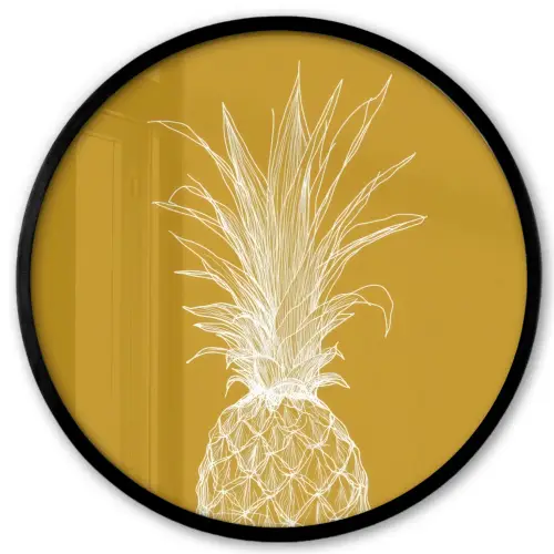Lijnillustratie - Ananas - Bladkroon - Okergeel Fotolijst rond zonder passe partout klein -3d