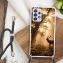 Hert - Bos - Mistig - Natuur - Goud Hoesje Samsung Galaxy A52 5G met koord klein -sfeer4