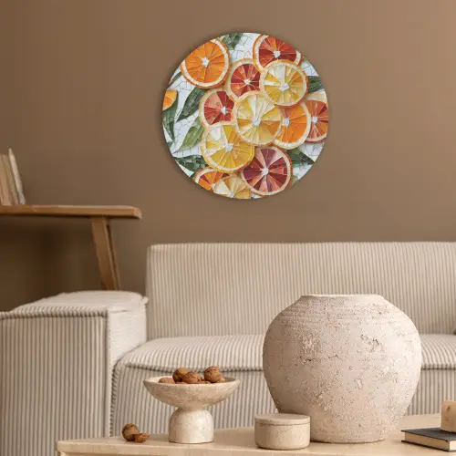 Schijfjes - Fruit - Oranje - Mozaïek Akoestische PET Vilt - Rond klein -sfeer1