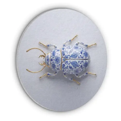 Kever - Delfts  - Blauw - Goud Akoestische PET Vilt - Rond klein -3d