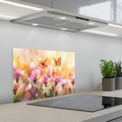 Vlinders - Oranje - Bloemen keuken achterwand spatscherm klein -3d_schuin