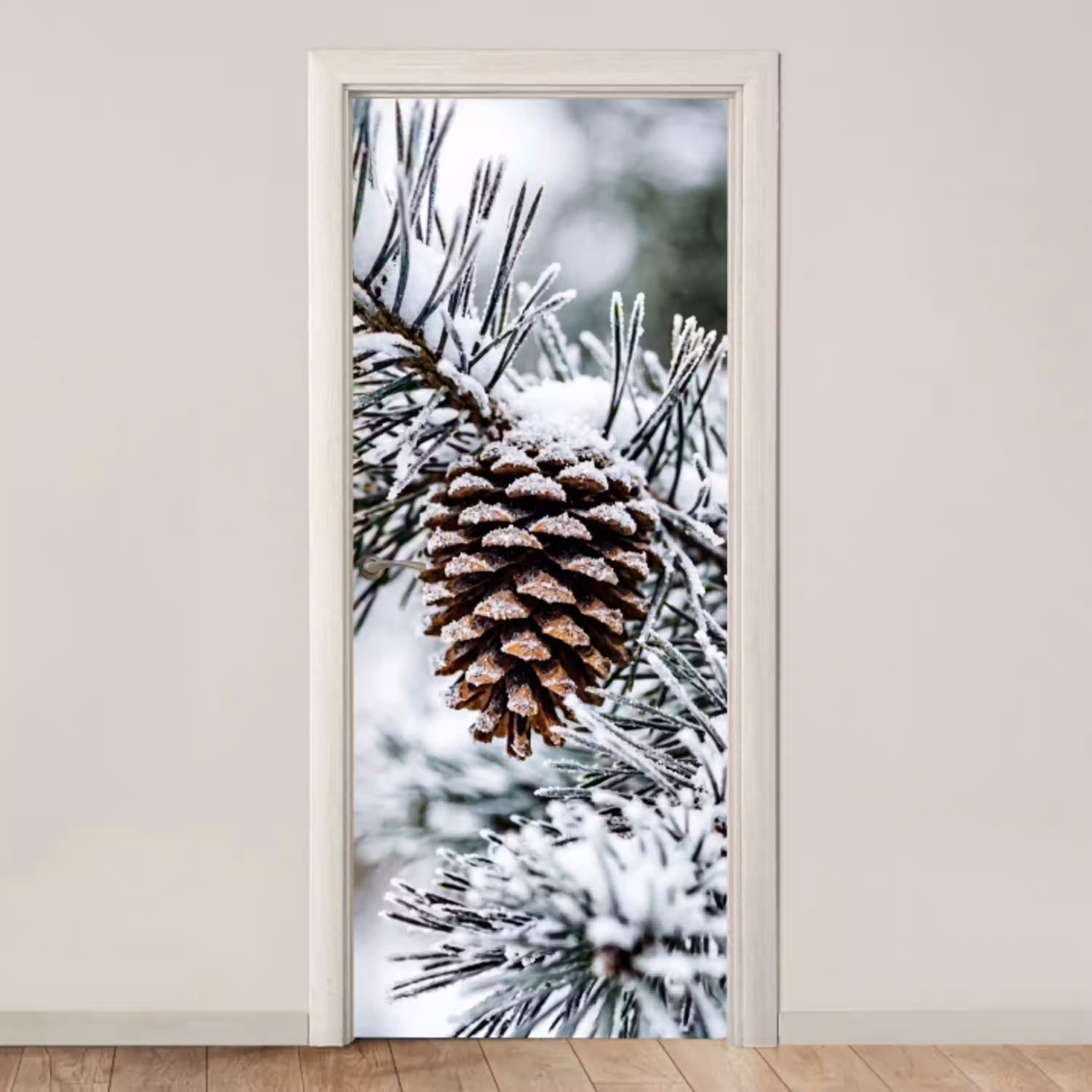 Dennenappel - Tak - Sneeuw - Winter - Sfeervol deurposter klein -3d_beige