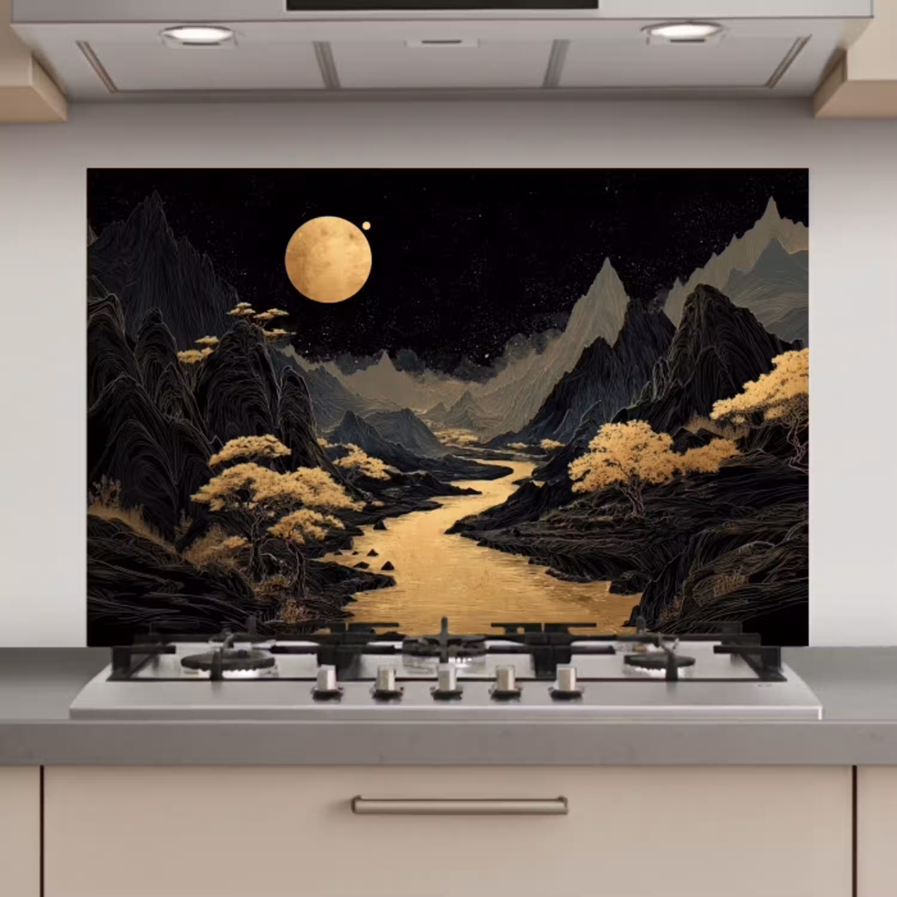 Gouden rivier - Bergen - Maan - Sterrenhemel keuken achterwand spatscherm klein -3d_website