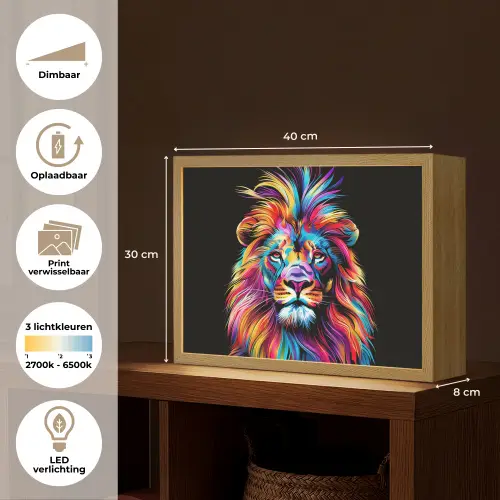 Leeuwen - Kleurrijk - Zwart - Dieren Light Box met batterij (Wandlamp kind) middel -USP_websiteoverzichtNL