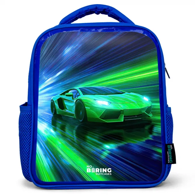 Kids' Backpacks Blue -. Race car - Bright green - Beams of light - Speed
