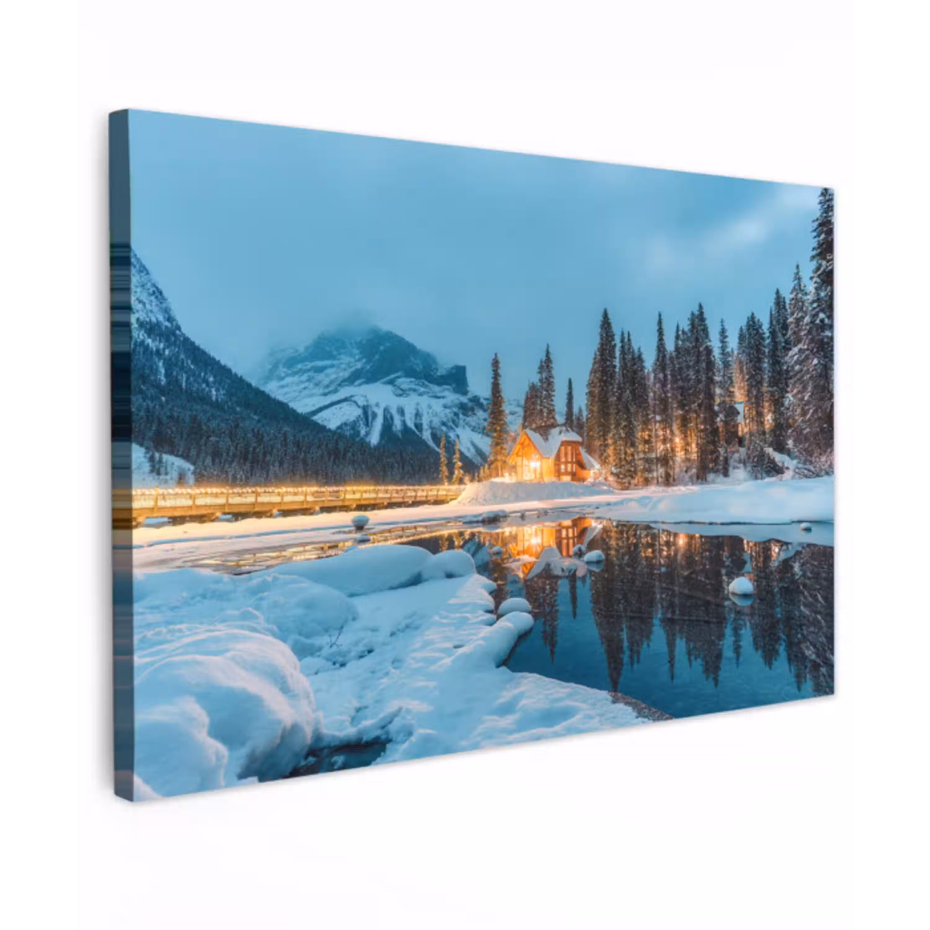 Winterlandschap - Natuur - Huis - Bergen - Sneeuw Tuinposter op houten frame 2 cm dik klein -3d