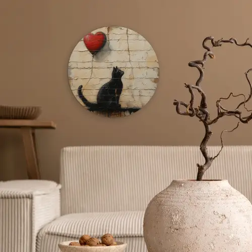Street art - Kat - Ballon - Graffiti - Banksy Wandcirkel kunststof plaat 5mm dik klein -sfeer1