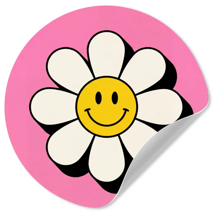 Smiley - Bloem - Roze Wandcirkel behangsticker klein -3d