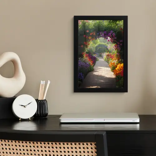 Doorkijk - Pad - Bloemen - Struik - Kleurrijk fotolijst zwart zonder passe partout klein -sfeer1