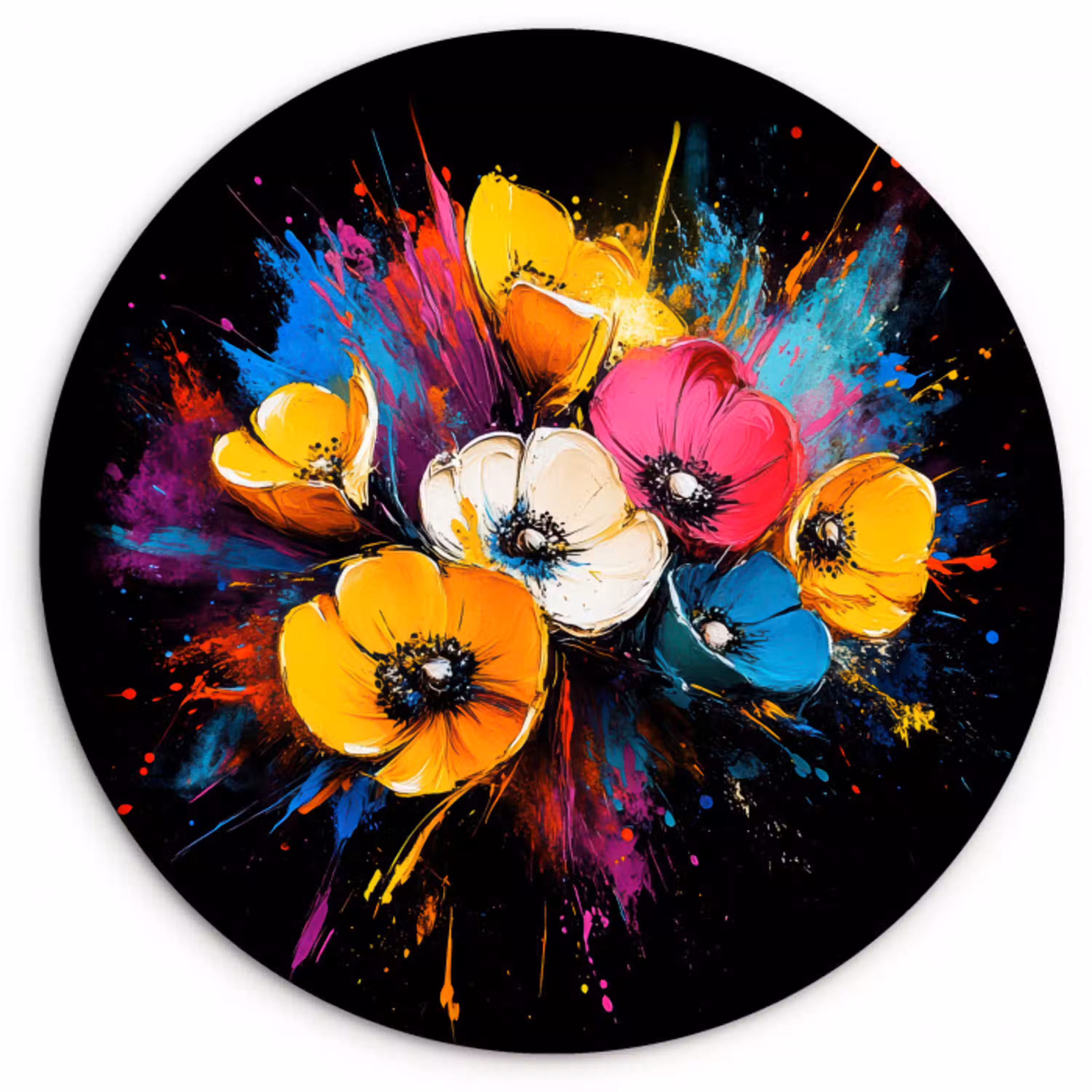 Bloemen - Kleurrijk - Graffiti - Modern - Boeket Wandcirkel kunststof plaat 5mm dik klein -3d