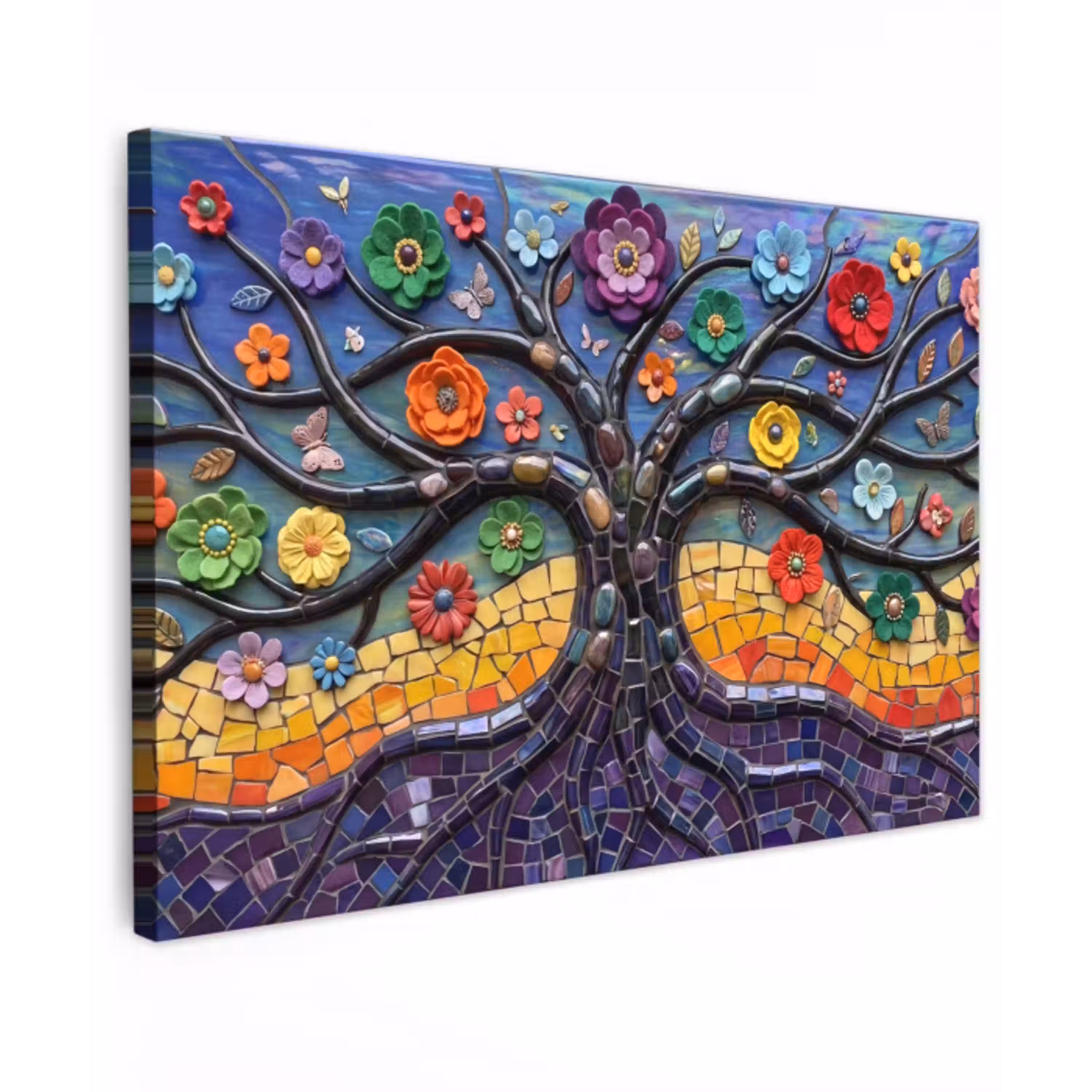 Levensboom - Mozaïek - Bloemen - Kleurrijk - Vrolijk Tuinposter op houten frame 2 cm dik klein -3d