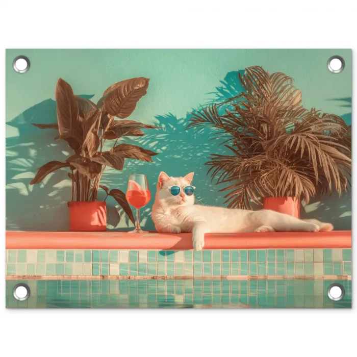 Kat - Zwembad - Zonnebril - Drankje tuinposter los doek klein -3d