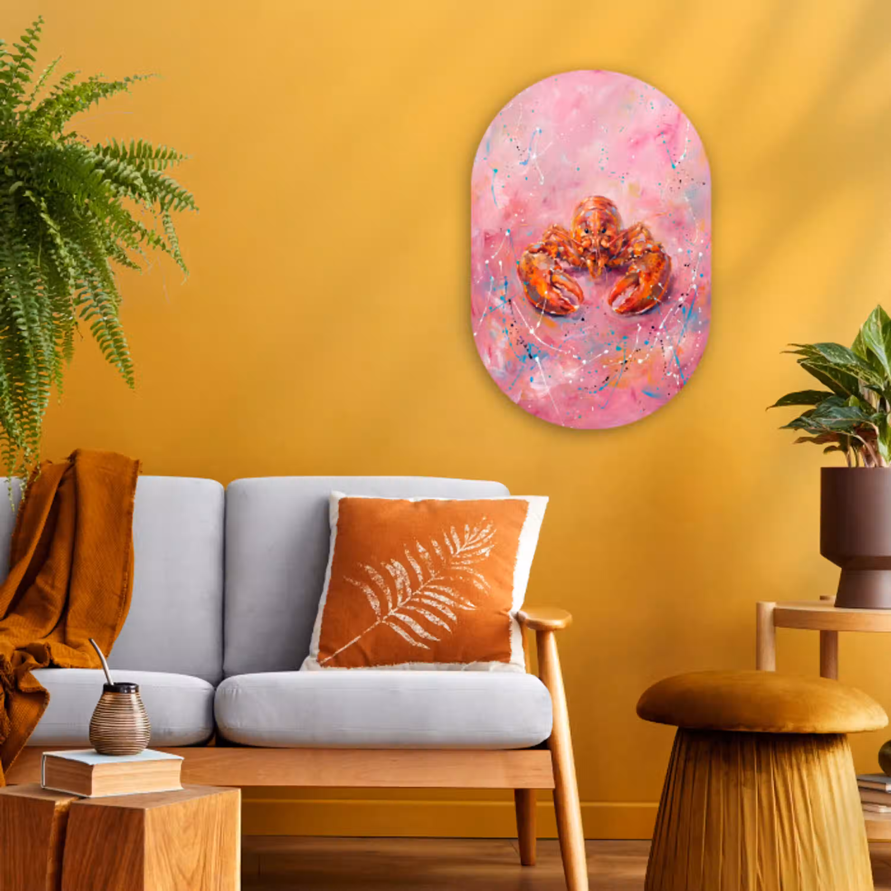 Zeeleven - Kreeft - Spatters - Abstract - Roze Wandcirkel Ovaal Forex klein -sfeer4