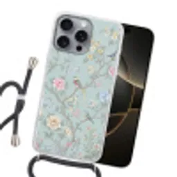 Vogel - Bloemen - Kleurrijk Hoesje iPhone 16 Pro Max met koord klein -sfeer1