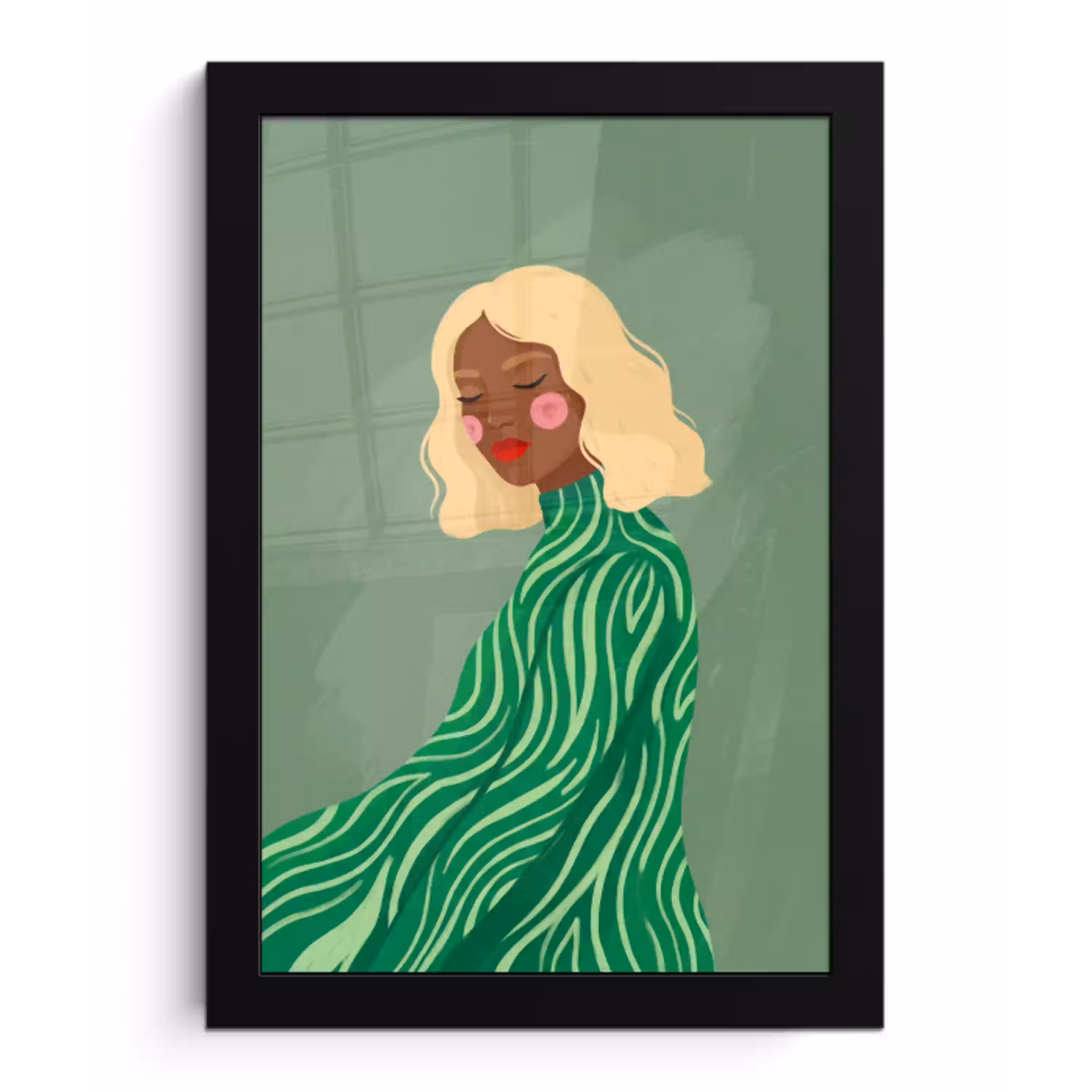 Vrouw - Portret - Illustratie - Modern - Groen fotolijst zwart zonder passe partout klein -3d