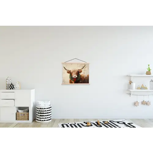 Kerst - Schotse Hooglander - Bruin - Krans textielposter latten blank klein -kinderkamer