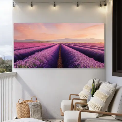 Lavendelveld - Zonsondergang - Paars - Bloemen Tuinposter op houten frame 2 cm dik xxl -sfeer1