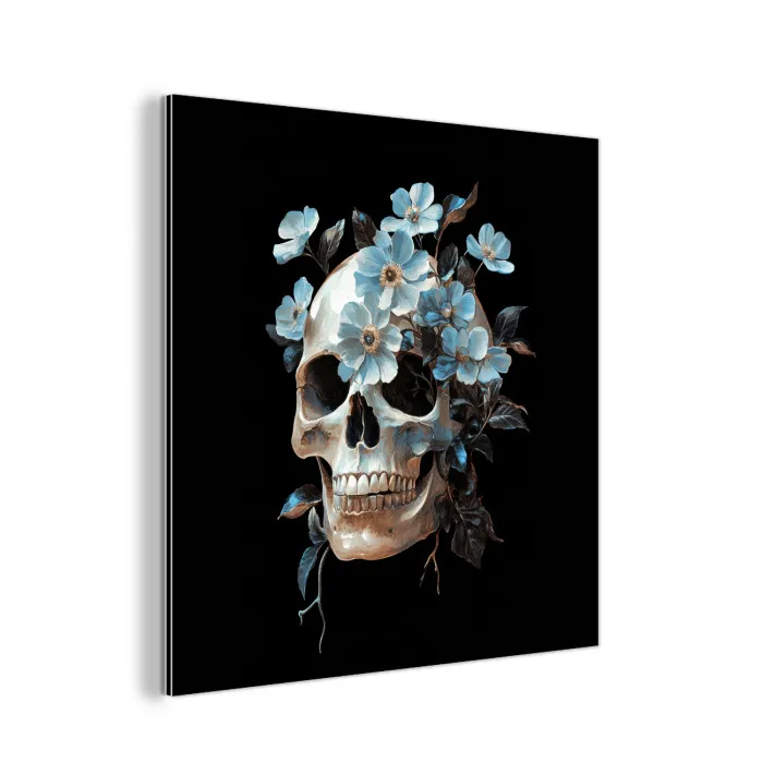 Schedel - Blauw - Bloemen - Bladeren aluminium wit klein -3d