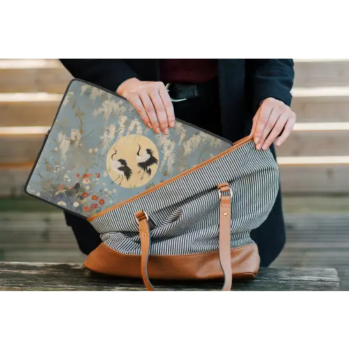 Kraanvogels - Maan - Bloemen - Blauw laptophoes neopreen klein -tas
