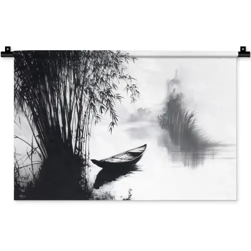 Boot - Rivier - Bamboe - Wit Wandkleed katoen klein -zz3d