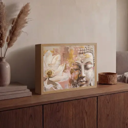 Buddha - Bloem - Goud - Roze - Abstract Light Box met batterij (Wandlamp) middel -sfeer2