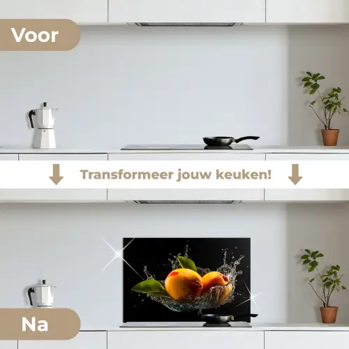 Mango - Fruit - Water - Zwart - Bladeren keuken achterwand spatscherm klein -voor_na_NL