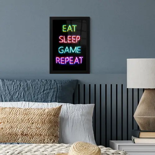 Gaming - Led - Quote - Eat sleep game repeat - Gamen fotolijst zwart zonder passe partout klein -sfeer3