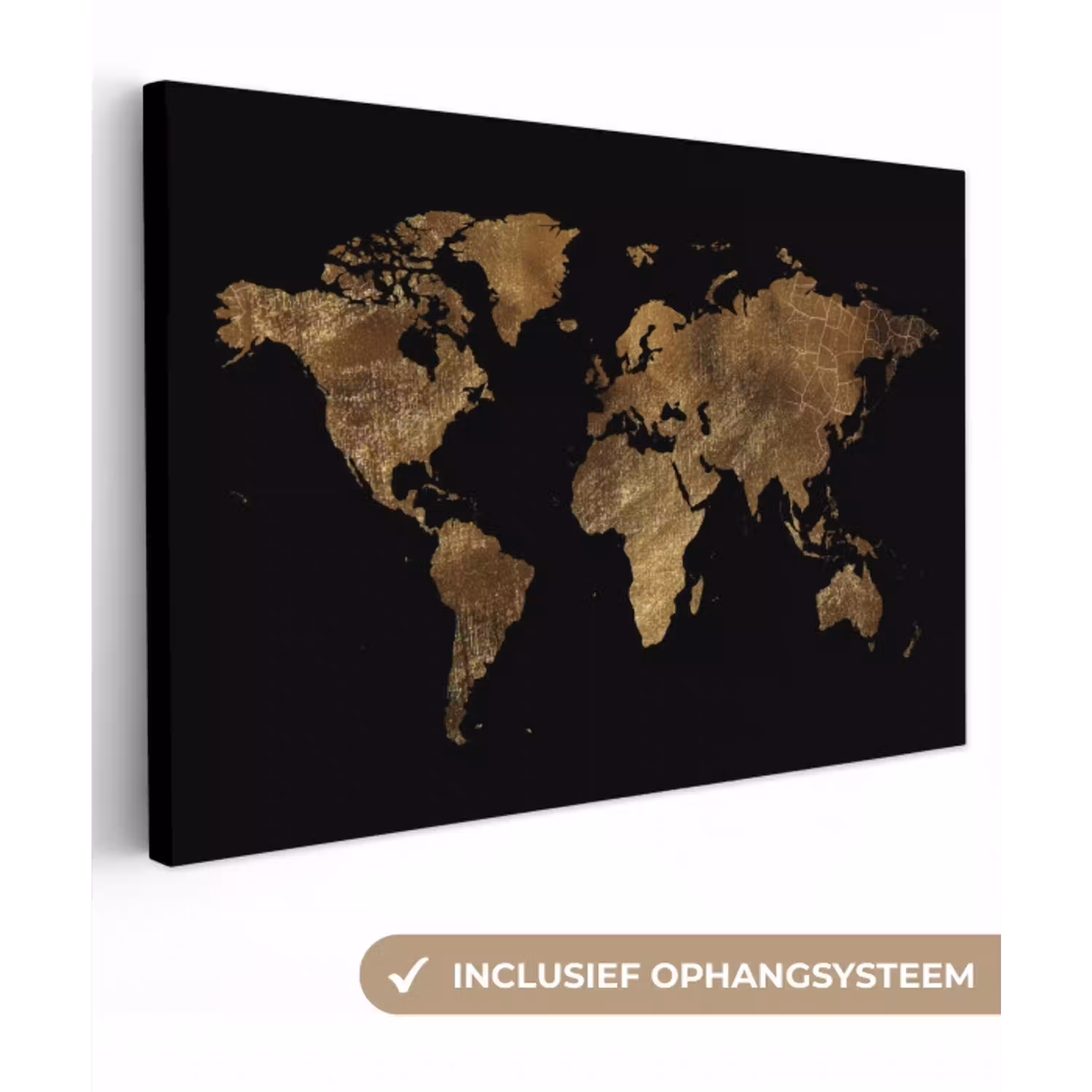 Wereldkaart - Goud - Luxe - Aarde - Zwart canvas 2cm klein -3d