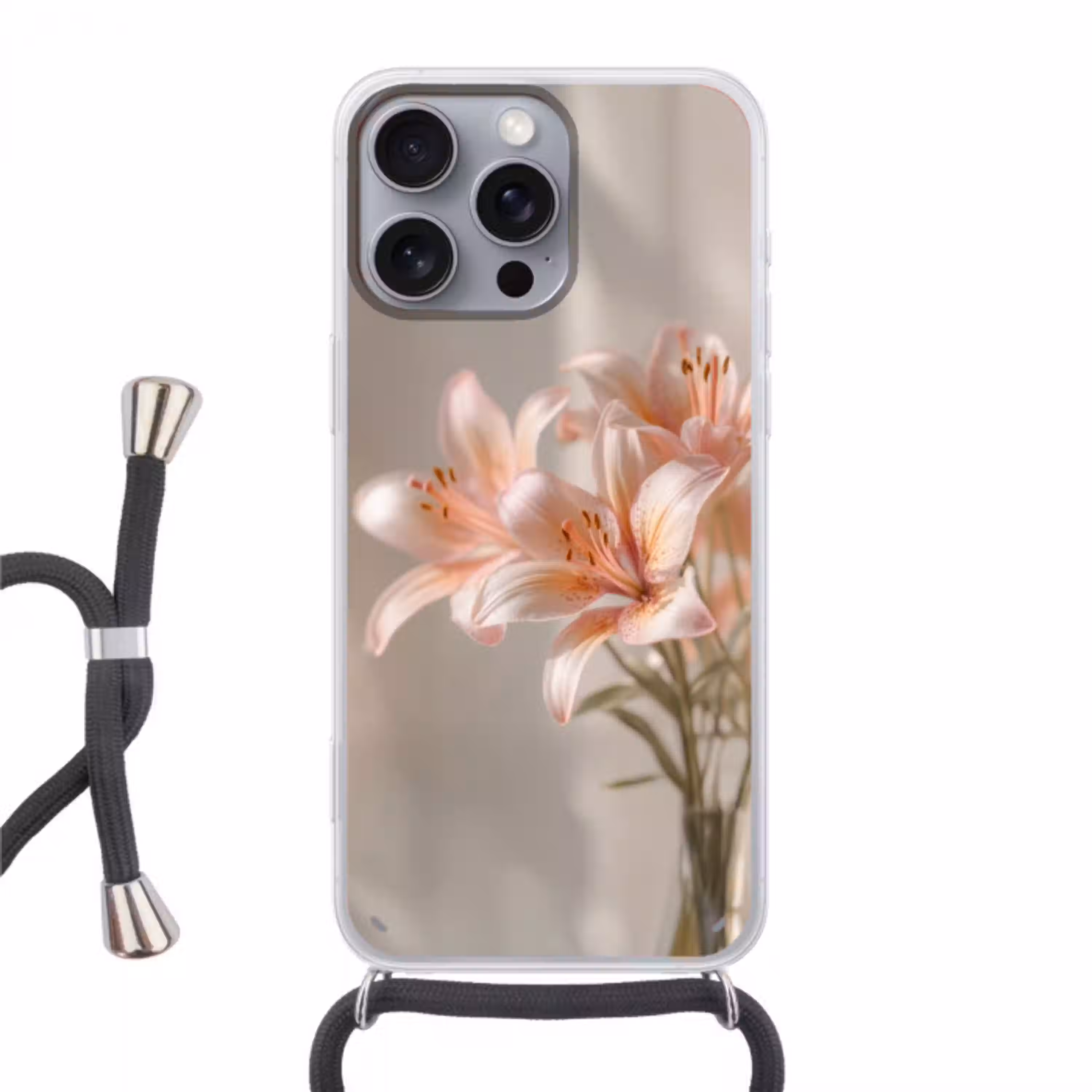 Lelies - Meeldraden - Roze - Wazig Hoesje iPhone 16 Pro Max met koord klein -3d