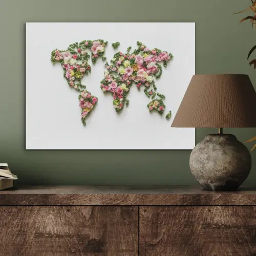Wereldkaart - Kleurrijk - Bloemen - Lente PET vilt klein -sfeer2