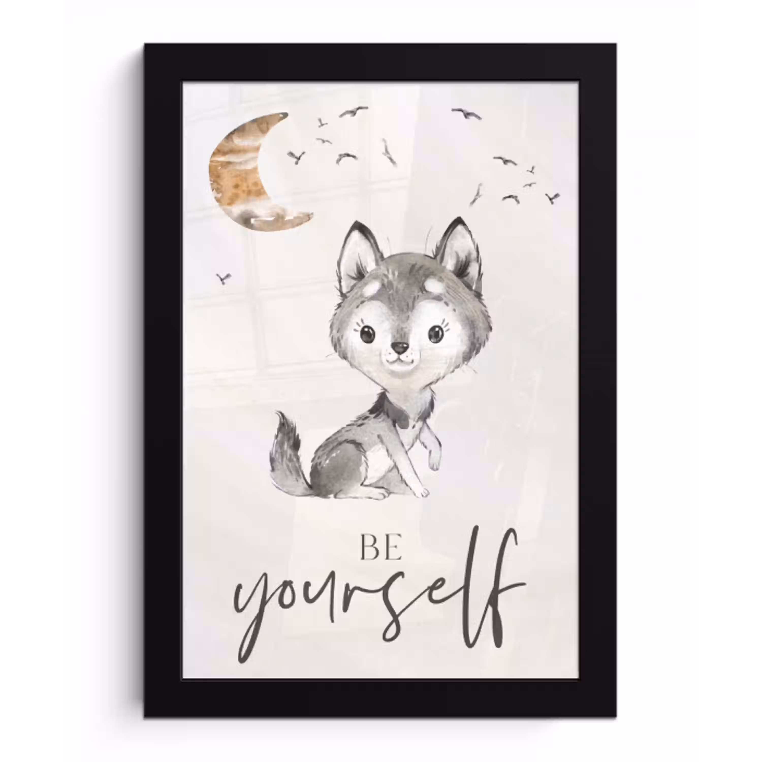 Spreuken - Wolf - Be yourself - Kinderen - Jongens - Meisjes - Waterverf fotolijst zwart zonder passe partout klein -3d