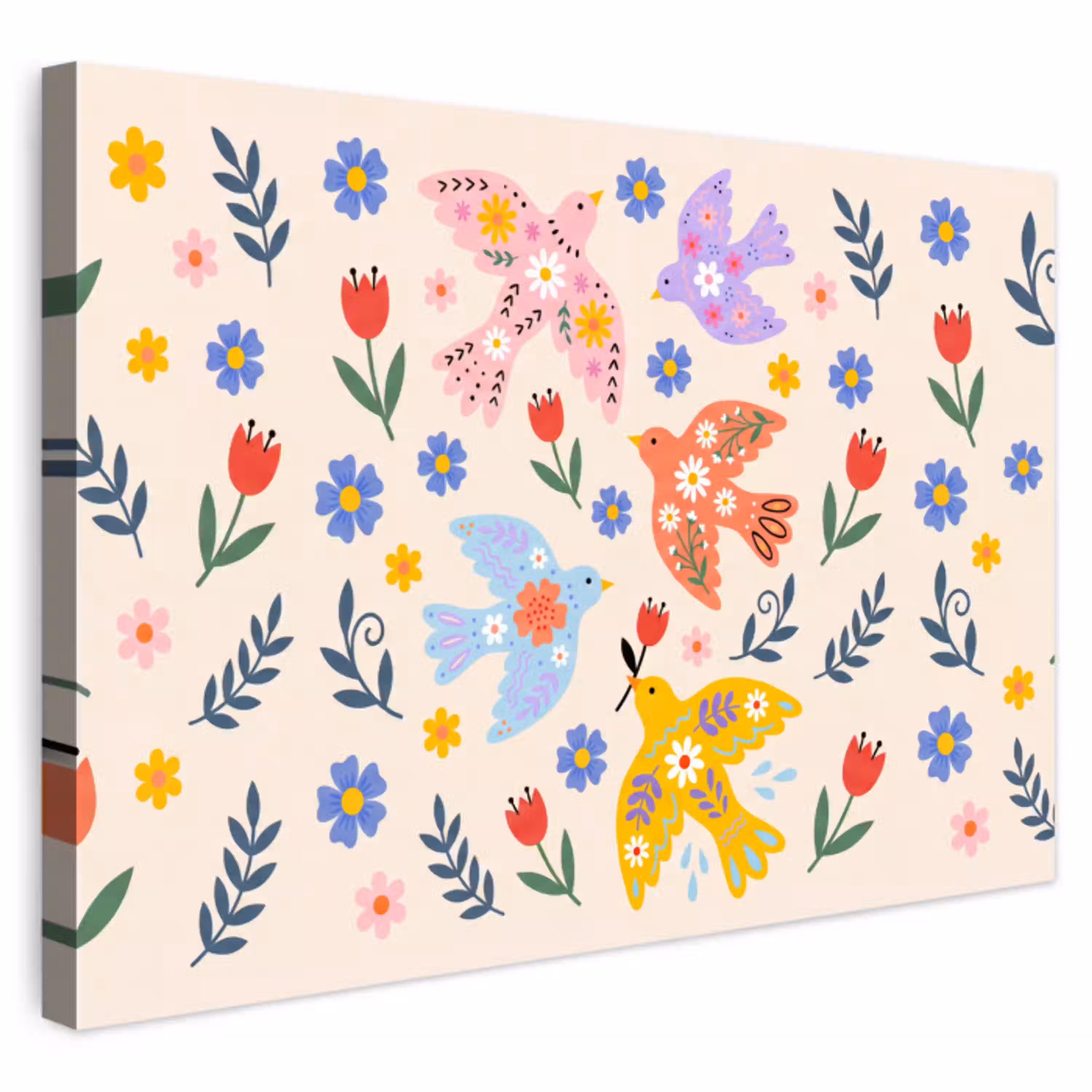 Vogel - Bloemen - Folk - Kleurrijk - Dieren Tuinposter op houten frame 2 cm dik klein -3d