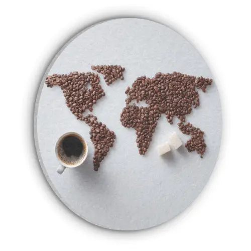 Wereldkaart - Koffiebonen - Suikerklontjes Akoestische PET Vilt - Rond klein -3d