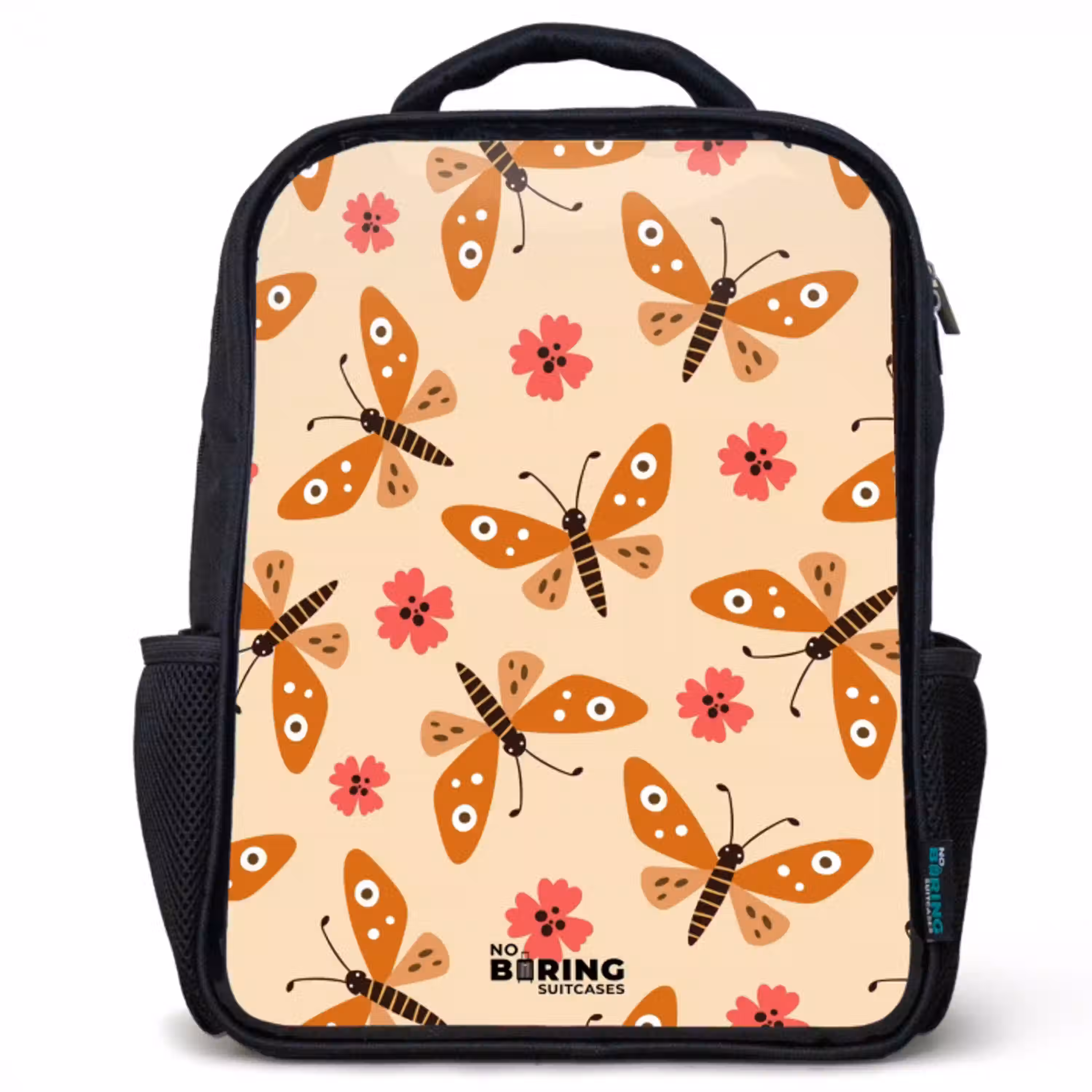 Oranje vlinders en roze bloemen op beige achtergrond Rugzak - Zwart middel -3d