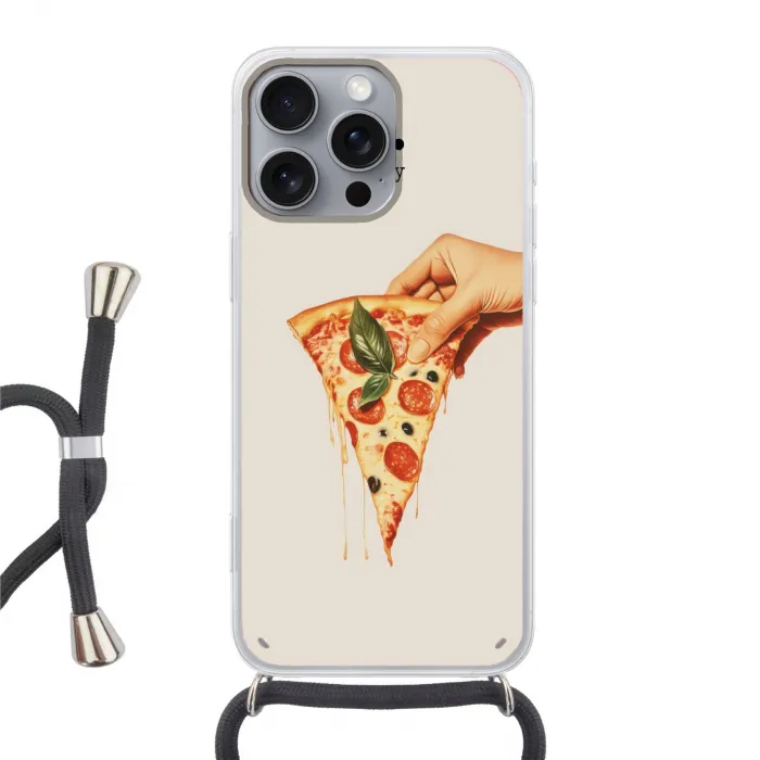 Pizza - Kaas - Pepperoni Hoesje iPhone 16 Pro Max met koord klein -3d