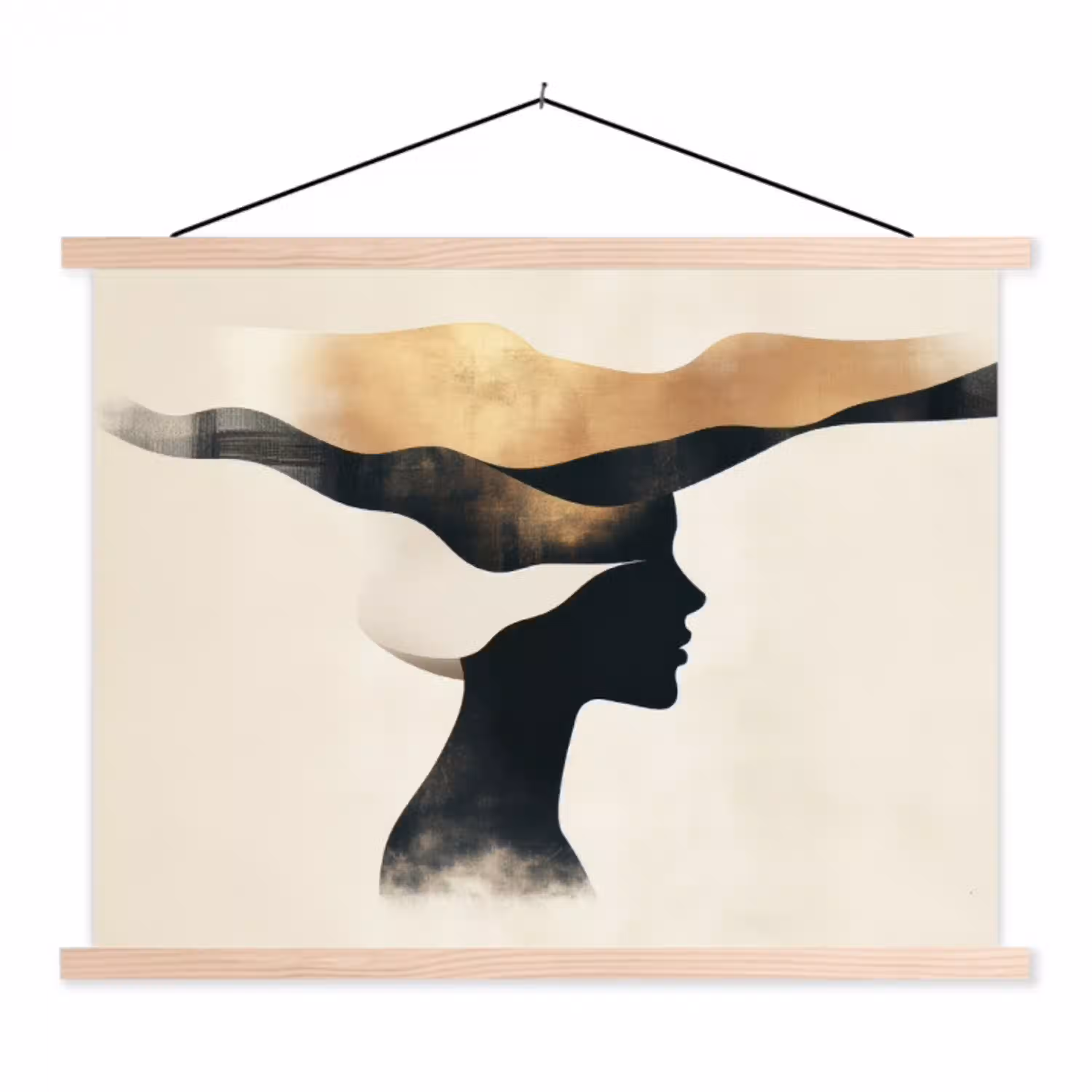 Vrouw - Golven - Zwart textielposter latten blank klein -3d