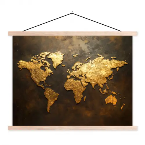 Wereldkaart - Goud - Roest textielposter latten blank klein -3d