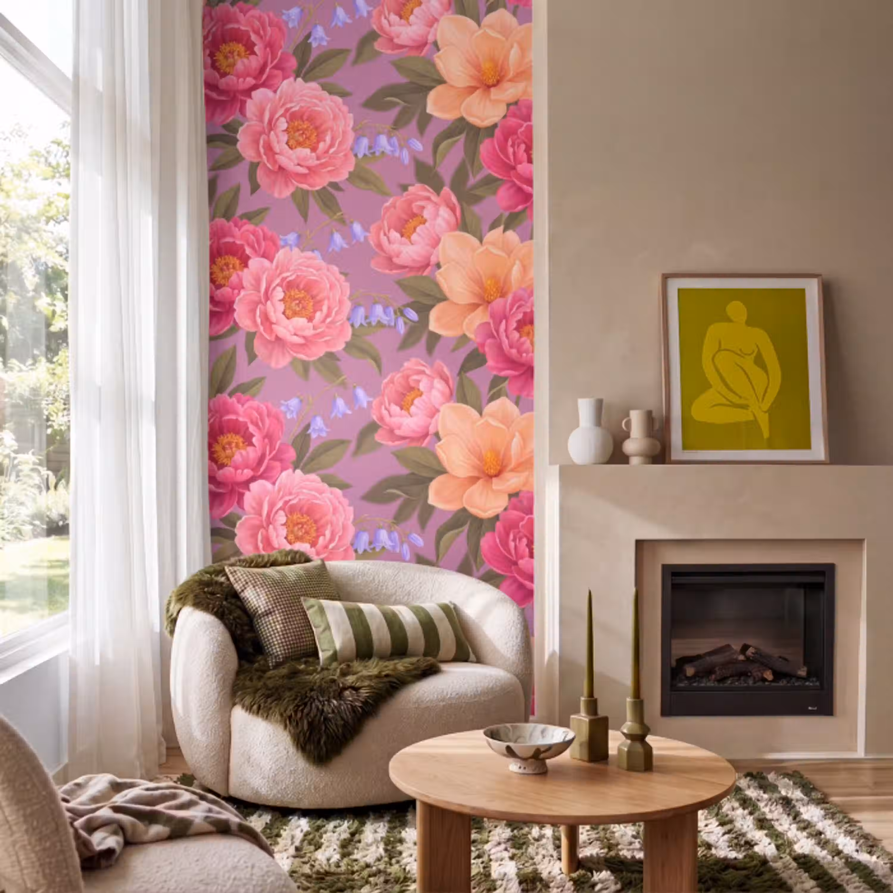 Bloemen - Patroon - Illustratie - Roze Behang Vlies klein -sfeer2